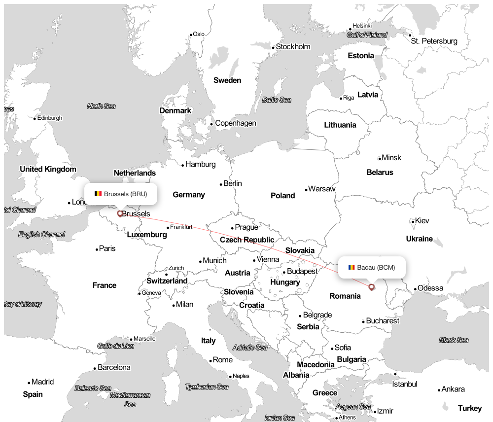 Flight map for BCM-BRU