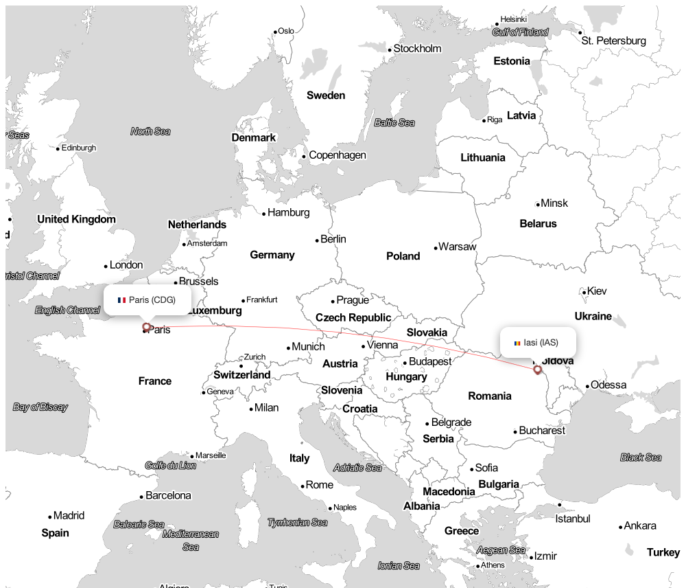 Flight map for CDG-IAS