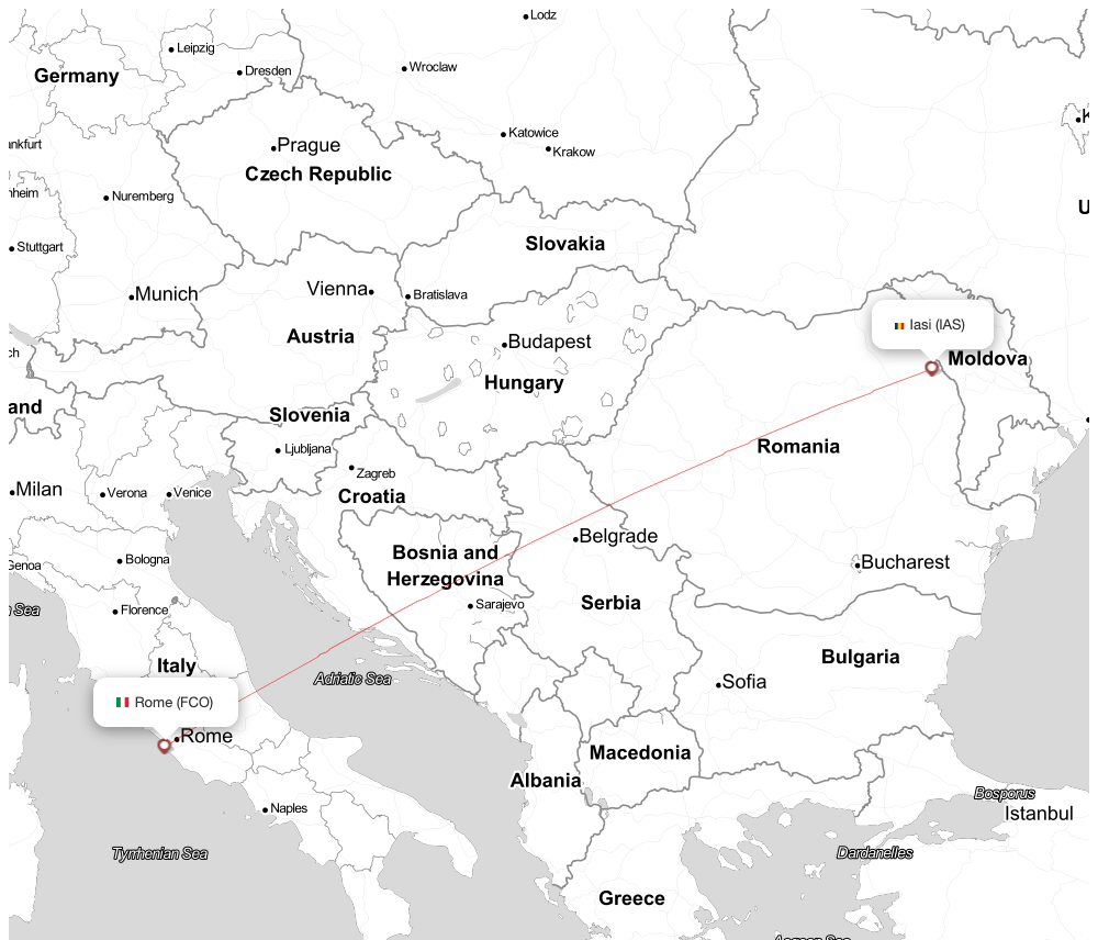 Flight map for FCO-IAS